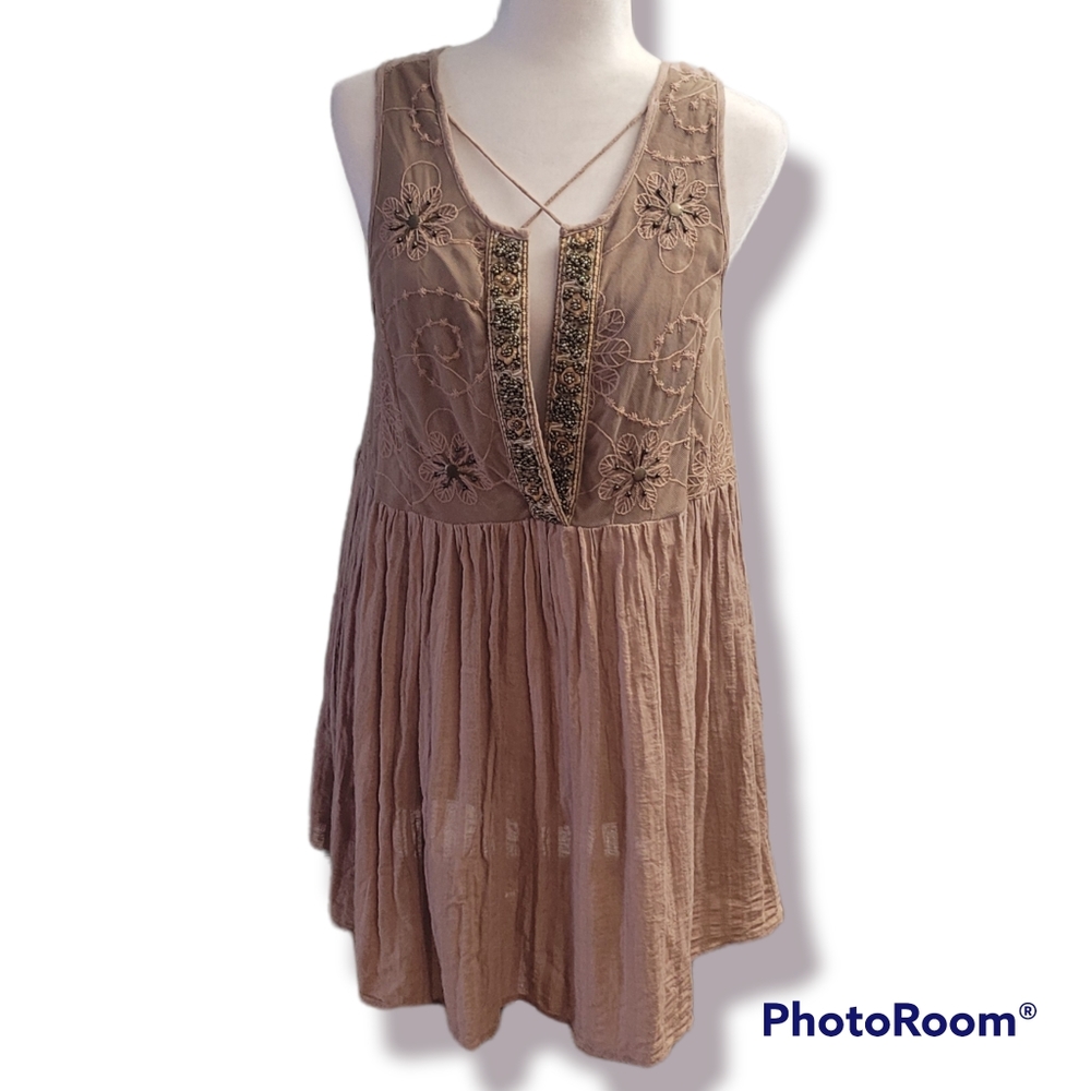 Anthropologie Embroidered Tan Dress